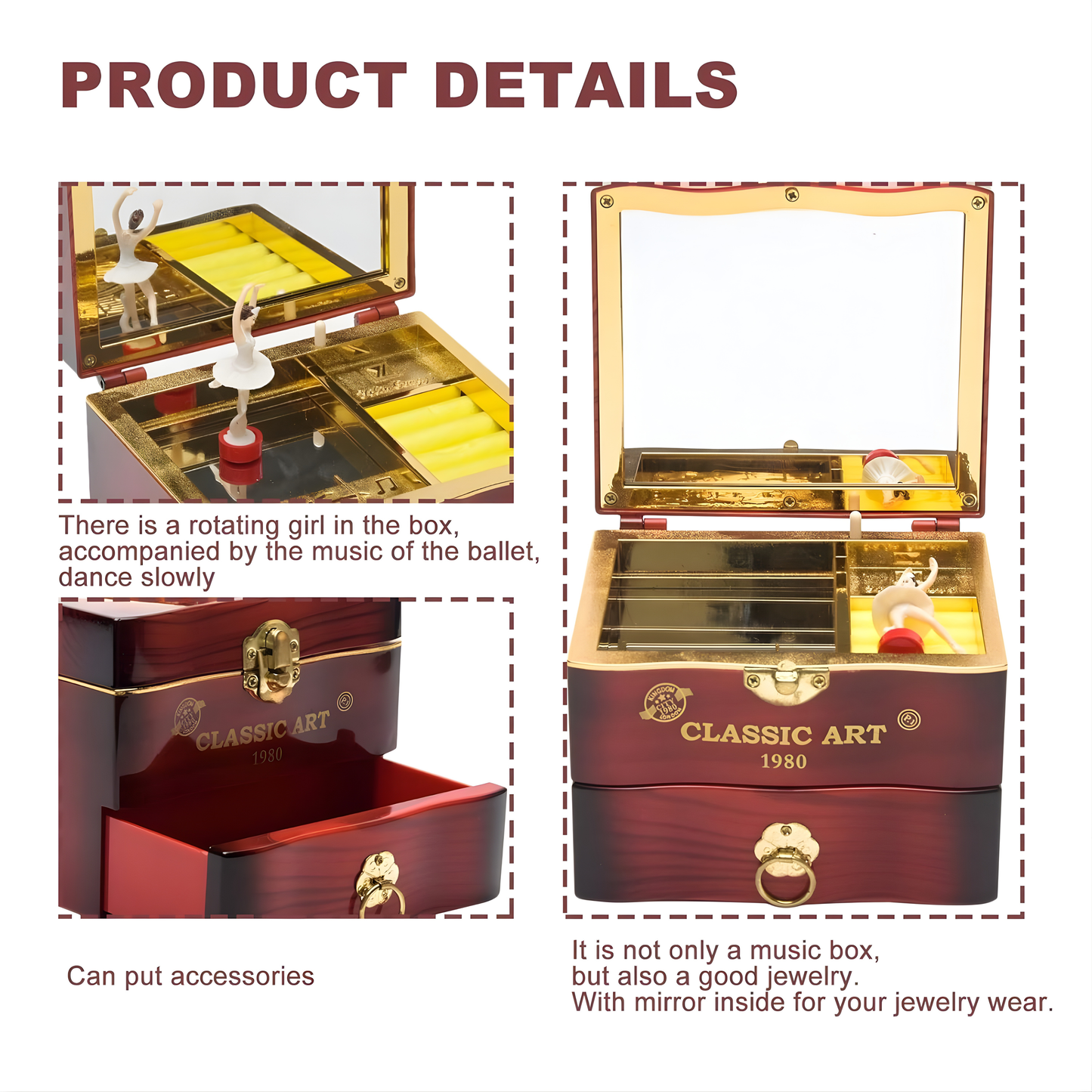 Retro Ballet Girl Jewelry Music Box – Classic Wooden Design with Rotating Ballerina, Mirror & Drawer Storage
