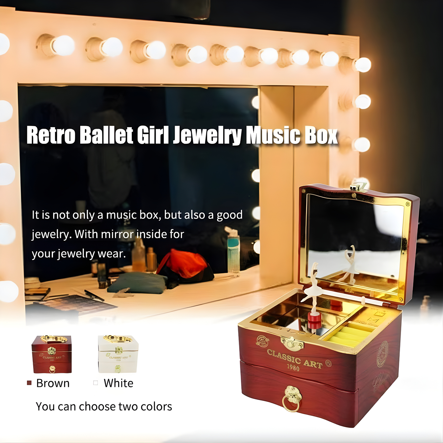 Retro Ballet Girl Jewelry Music Box – Classic Wooden Design with Rotating Ballerina, Mirror & Drawer Storage