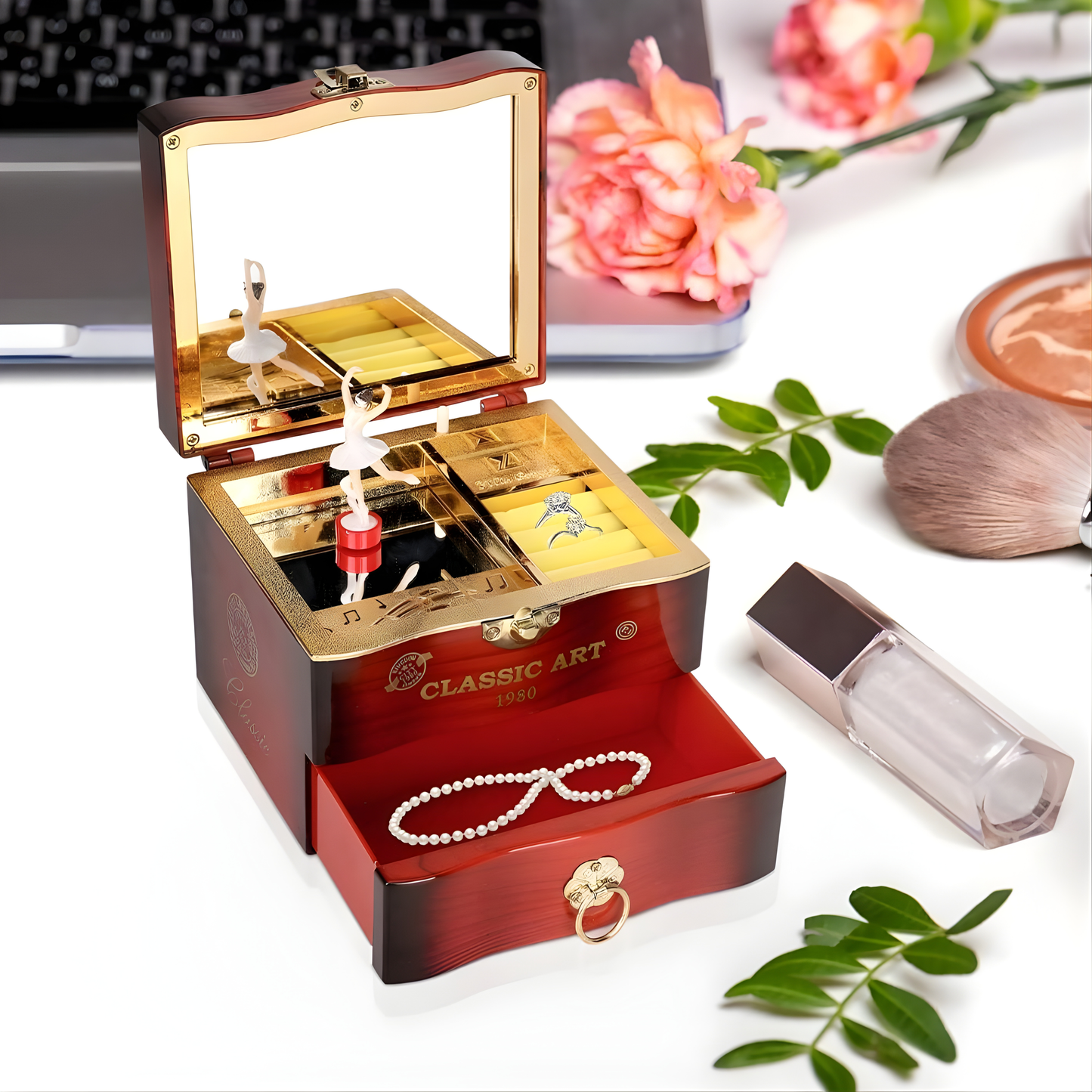 Retro Ballet Girl Jewelry Music Box – Classic Wooden Design with Rotating Ballerina, Mirror & Drawer Storage