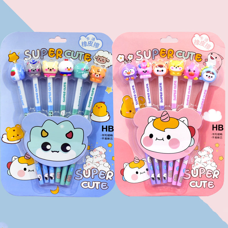 Cute Kawaii Pencil with Eraser Set of 6