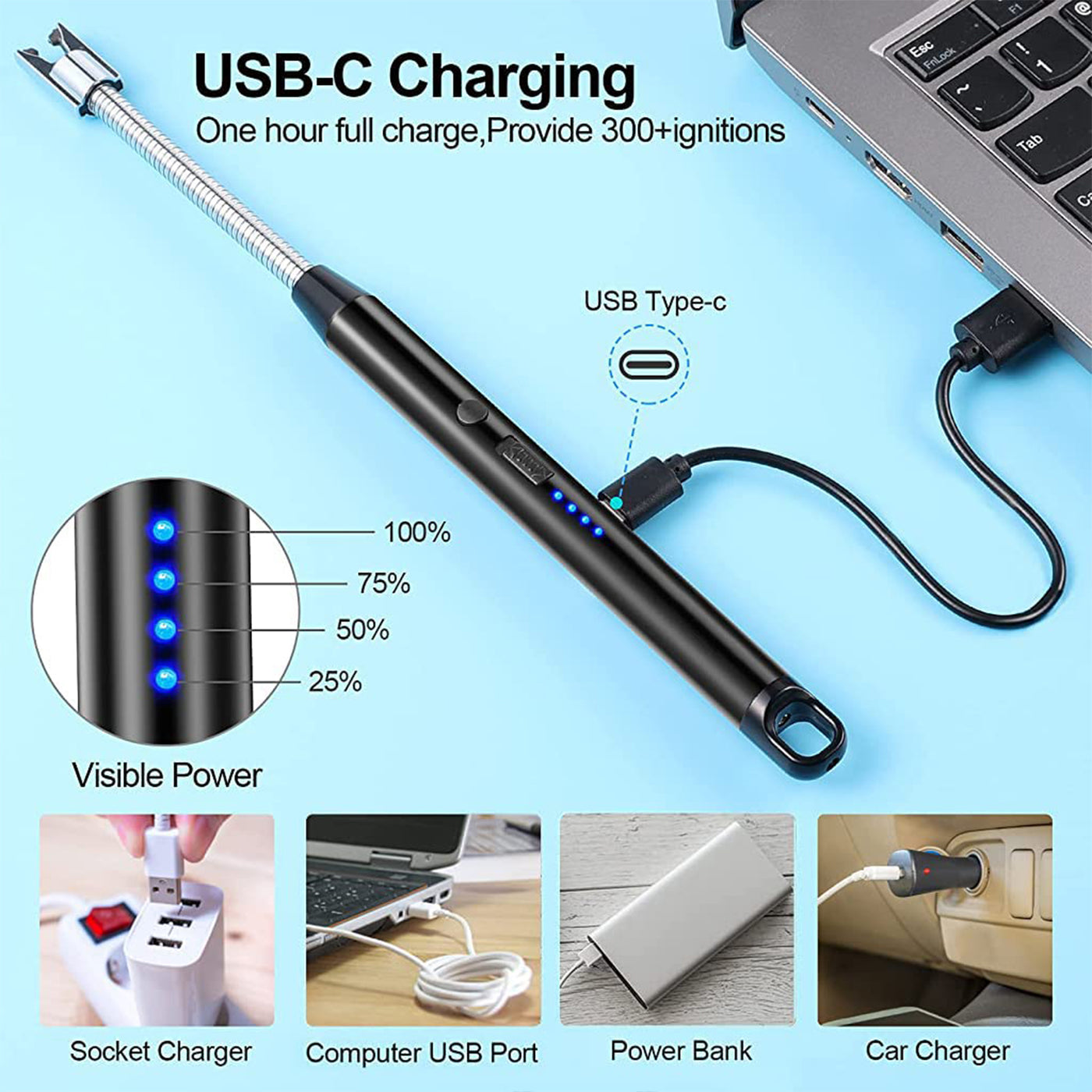 Electric Rechargeable Plasma Lighter - Flameless, Windproof, 360° Flexible Neck