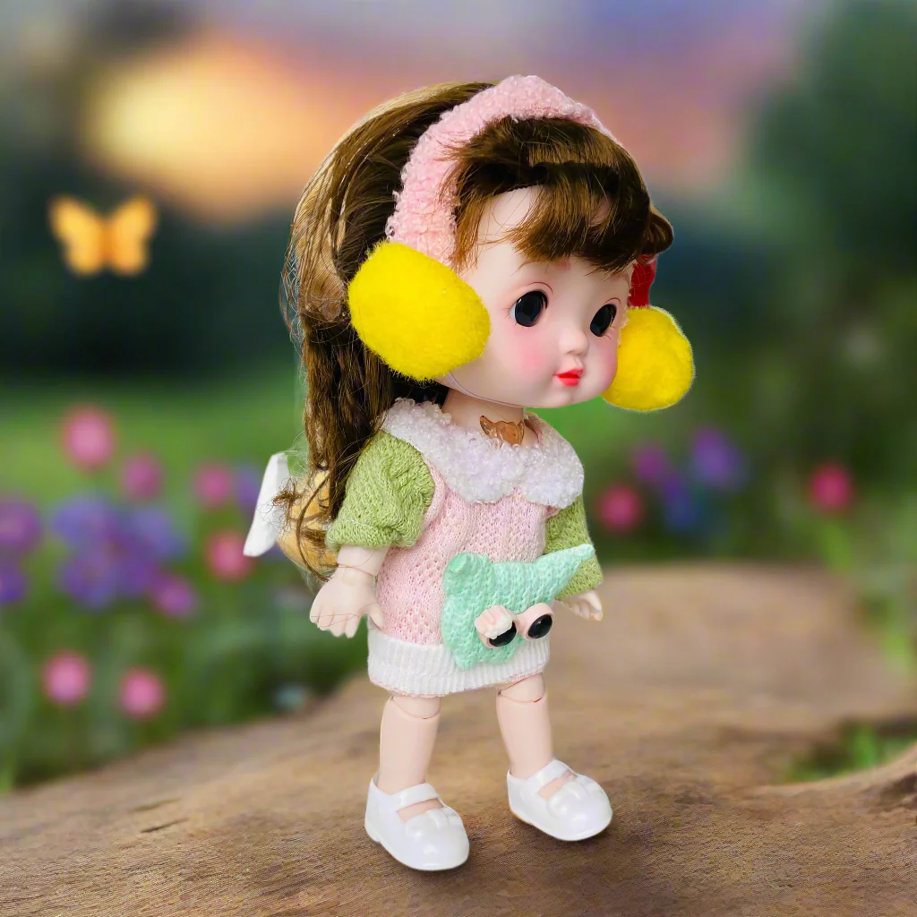 NestyFox 22cm Musical Doll with 15 Movable Joints – Realistic Eyes, Cute Winter Outfit