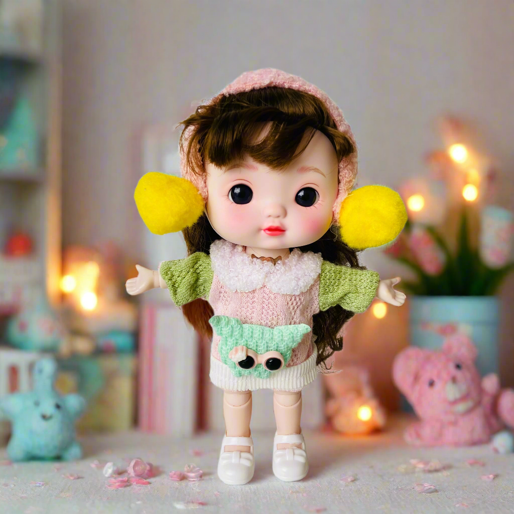 NestyFox 22cm Musical Doll with 15 Movable Joints – Realistic Eyes, Cute Winter Outfit