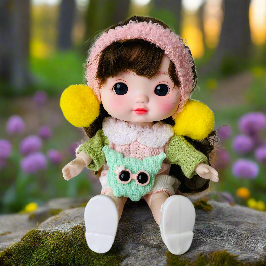 NestyFox 22cm Musical Doll with 15 Movable Joints – Realistic Eyes, Cute Winter Outfit