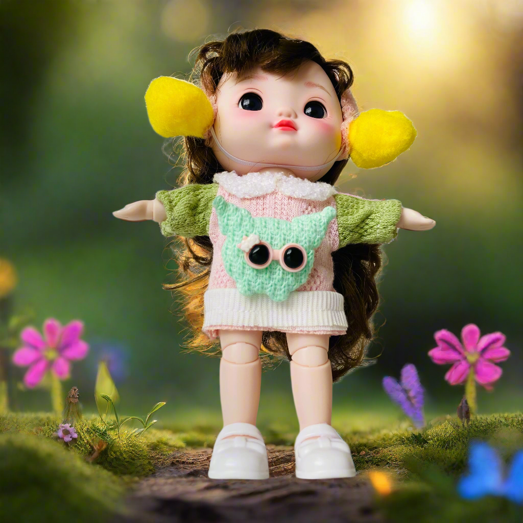 NestyFox 22cm Musical Doll with 15 Movable Joints – Realistic Eyes, Cute Winter Outfit