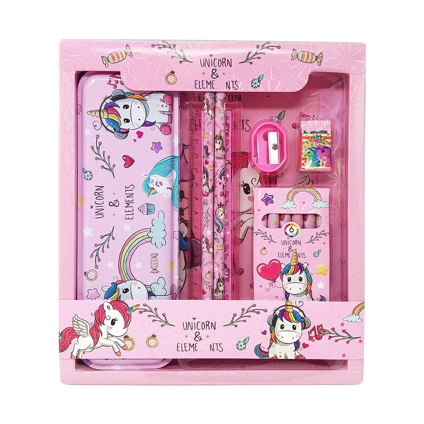Unicorn Stationery Gift Set | Pencil Box, Pencil, Eraser, Sharpener, and Crayons