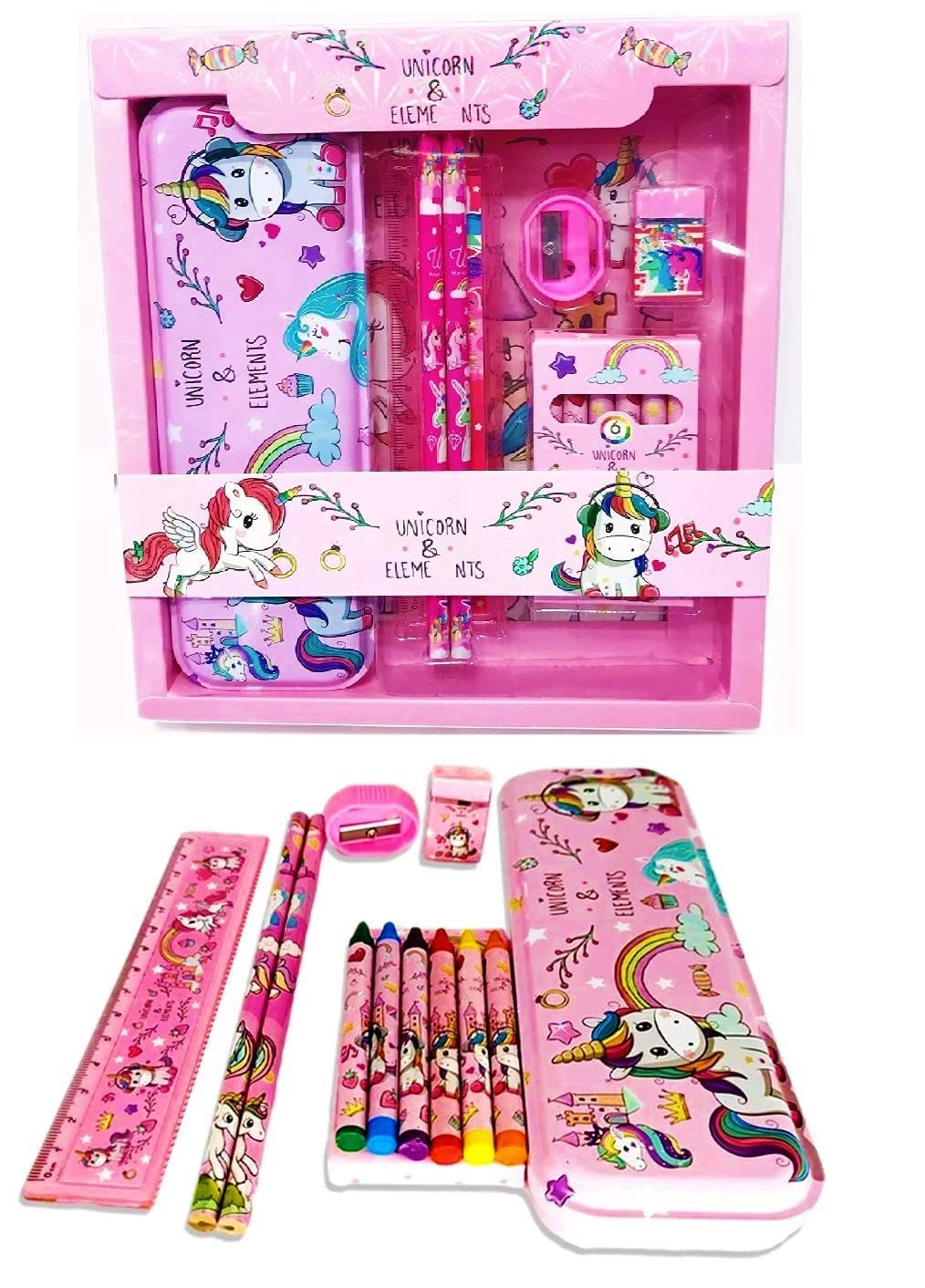 Unicorn Stationery Gift Set | Pencil Box, Pencil, Eraser, Sharpener, and Crayons