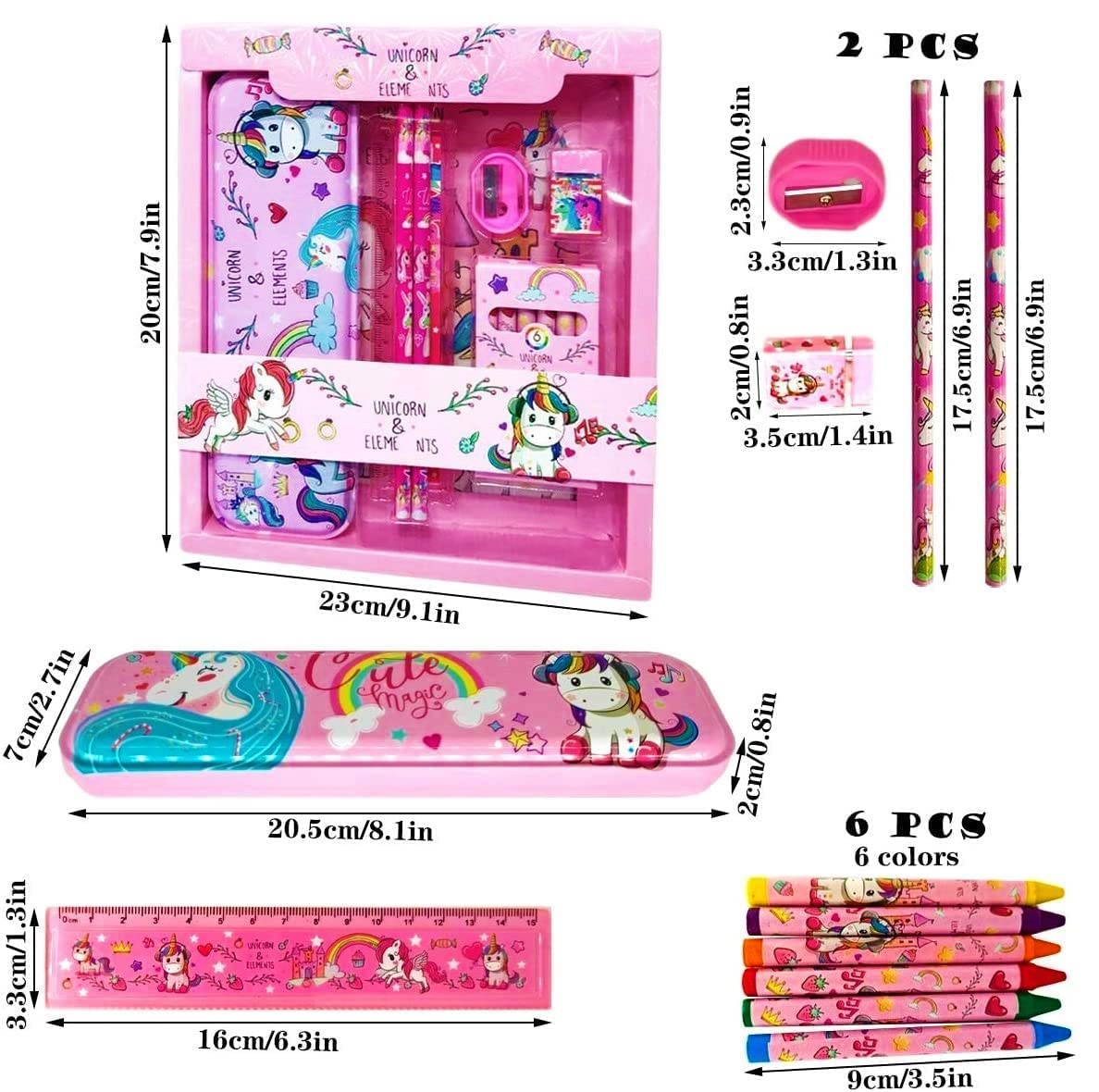 Unicorn Stationery Gift Set | Pencil Box, Pencil, Eraser, Sharpener, and Crayons