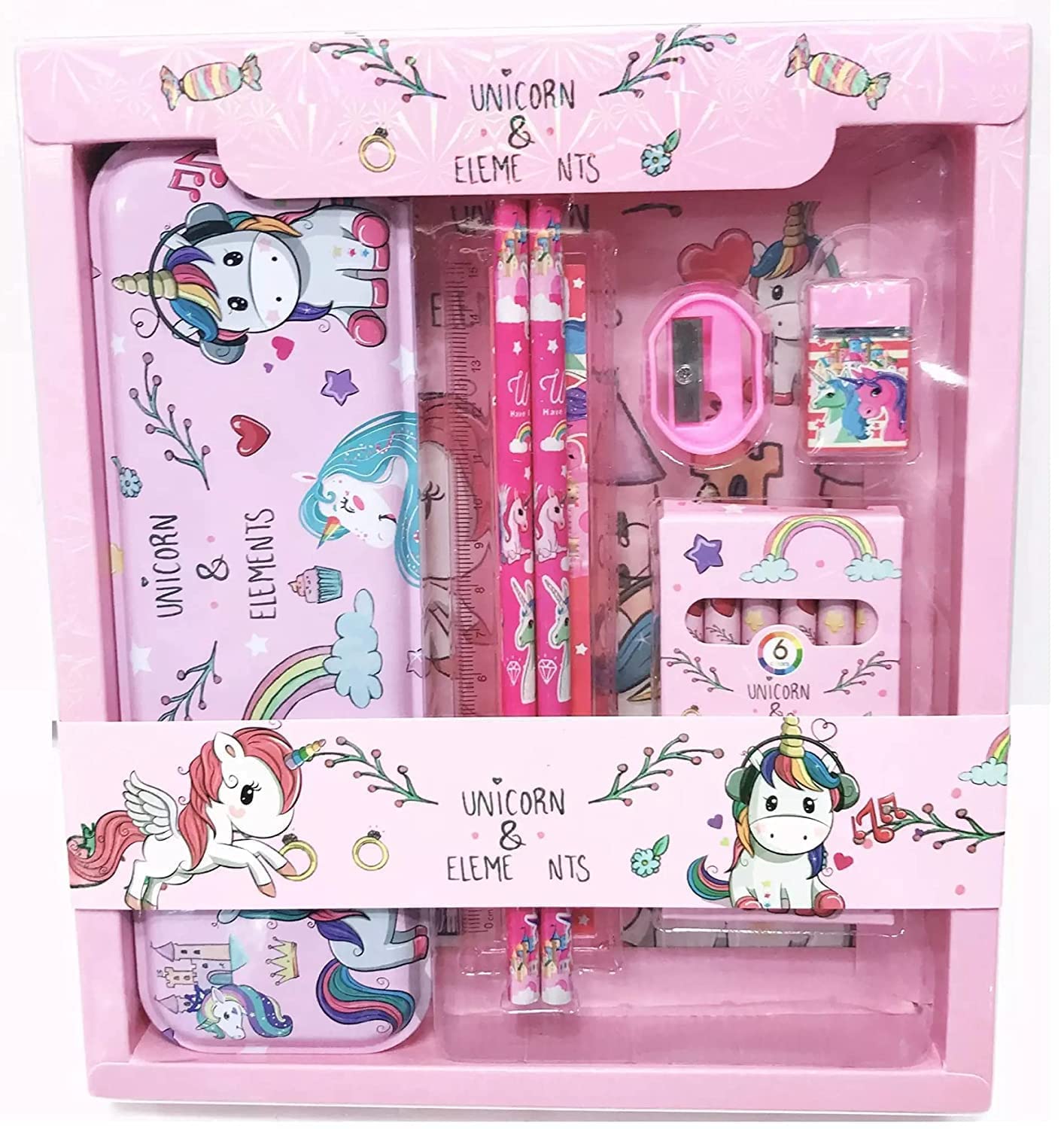 Unicorn Stationery Gift Set | Pencil Box, Pencil, Eraser, Sharpener, and Crayons