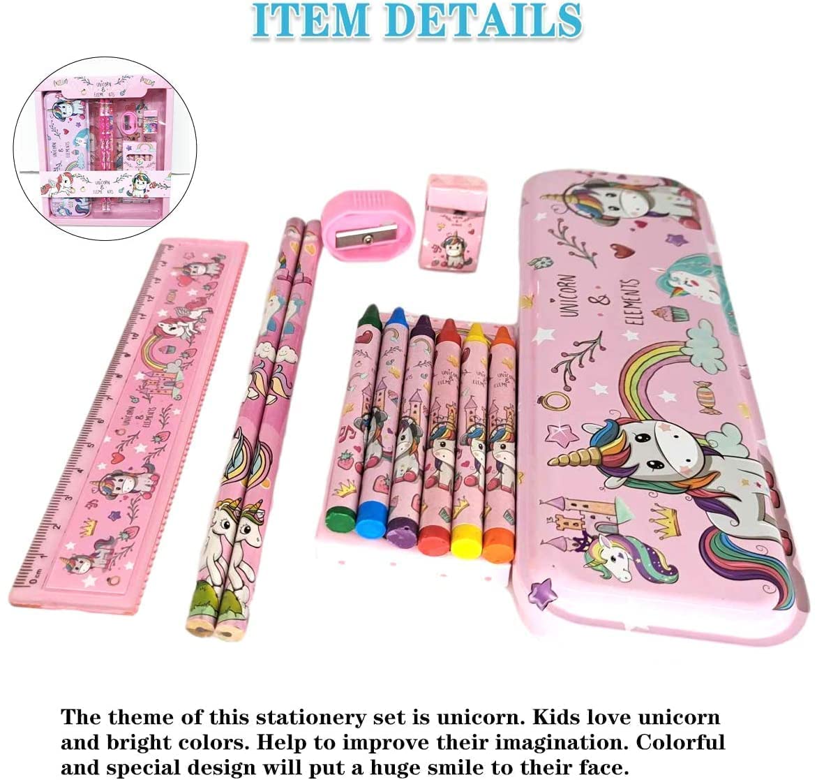 Unicorn Stationery Gift Set | Pencil Box, Pencil, Eraser, Sharpener, and Crayons