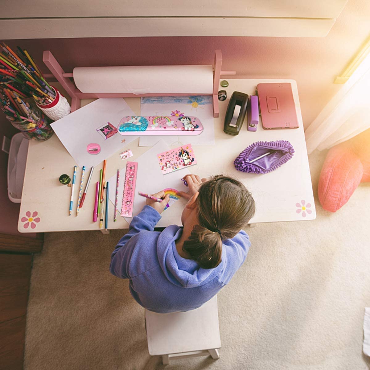 Unicorn Stationery Gift Set | Pencil Box, Pencil, Eraser, Sharpener, and Crayons