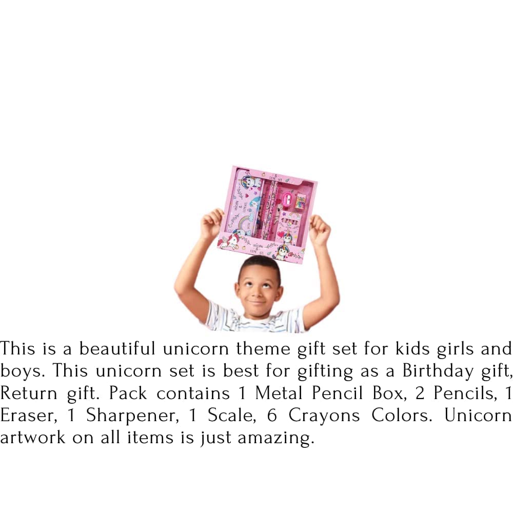Unicorn Stationery Gift Set | Pencil Box, Pencil, Eraser, Sharpener, and Crayons