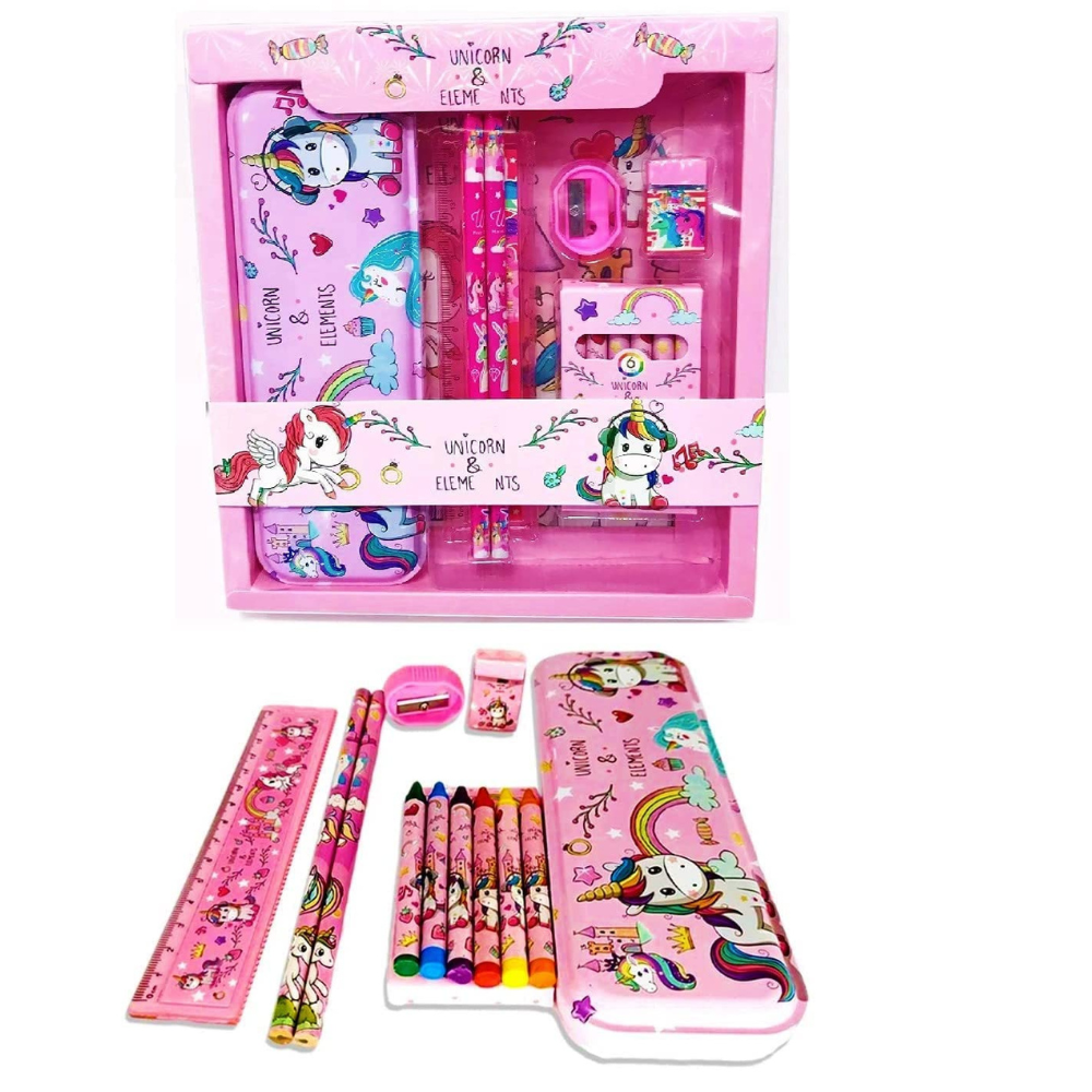 Unicorn Stationery Gift Set | Pencil Box, Pencil, Eraser, Sharpener, and Crayons