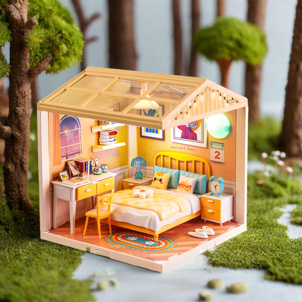 NestyFox Mini Bedroom Dollhouse with LED Lights | DIY ABS Plastic Doll House Kit with Furniture