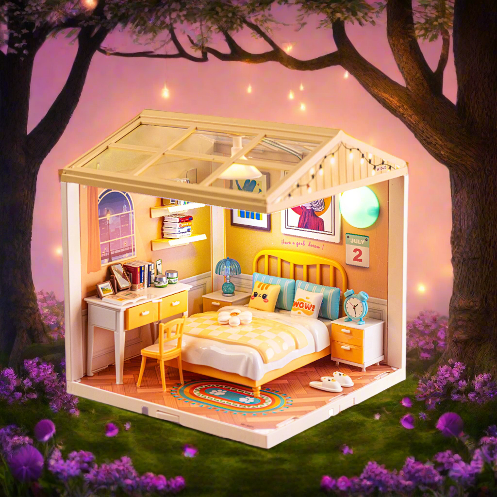 NestyFox Mini Bedroom Dollhouse with LED Lights | DIY ABS Plastic Doll House Kit with Furniture