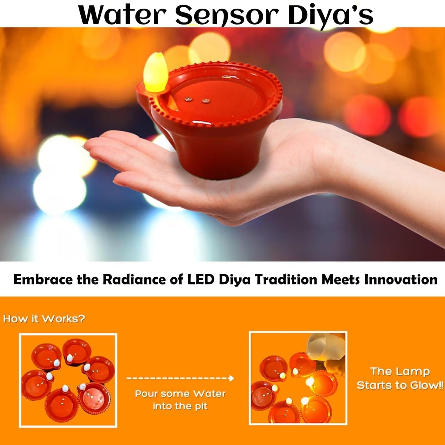 Water Sensor LED Diya Set - 12 Pcs