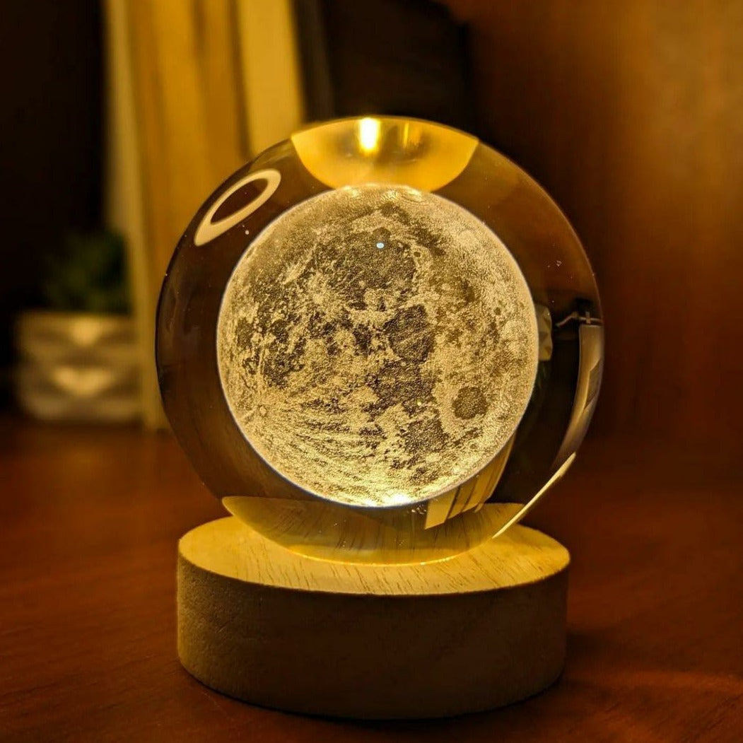 3D Crystal Moon Warm Led with Wood Base (No Cash On Delivery Allowed On This Product) - Prepaid Orders Only
