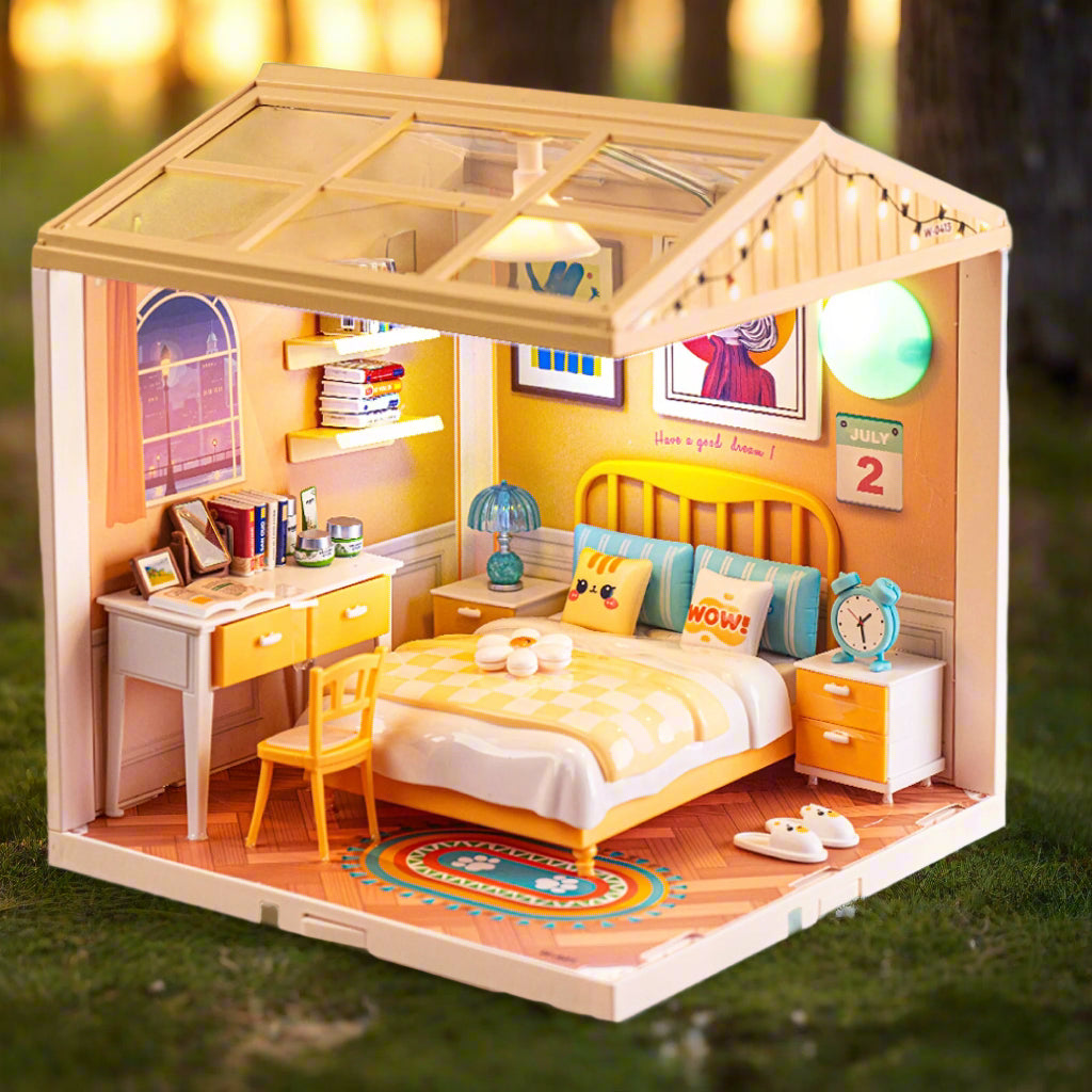 NestyFox Mini Bedroom Dollhouse with LED Lights | DIY ABS Plastic Doll House Kit with Furniture