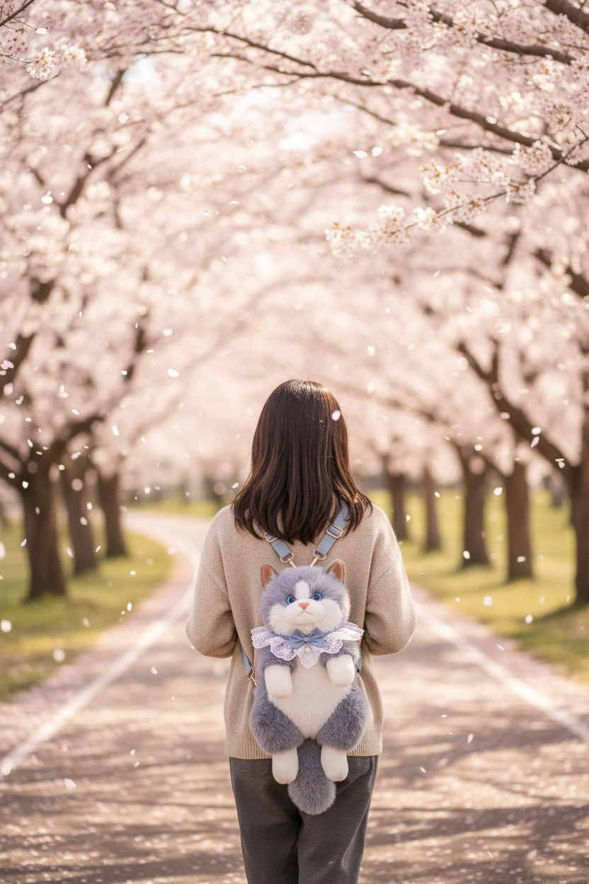 Girl wearing grey cat backpack cherry blossom path
