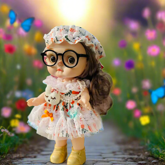 NestyFox Realistic Baby Doll with Glasses & Long Hair – 26cm Cute Toy Doll for Girls