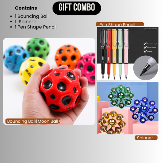 Gift Combo Of Bouncing Ball Gift, Spinner & Pen Shape Pencil