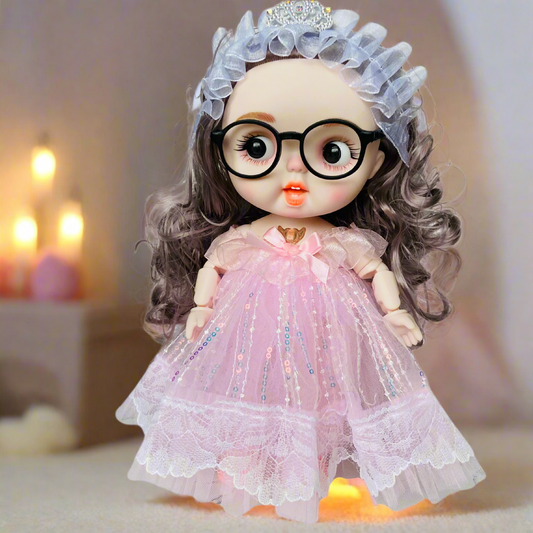 Fashion Doll with Music & Flexible Joints – 26 cm Stylish Princess Doll with Glasses, Tiara & Sparkling Dress