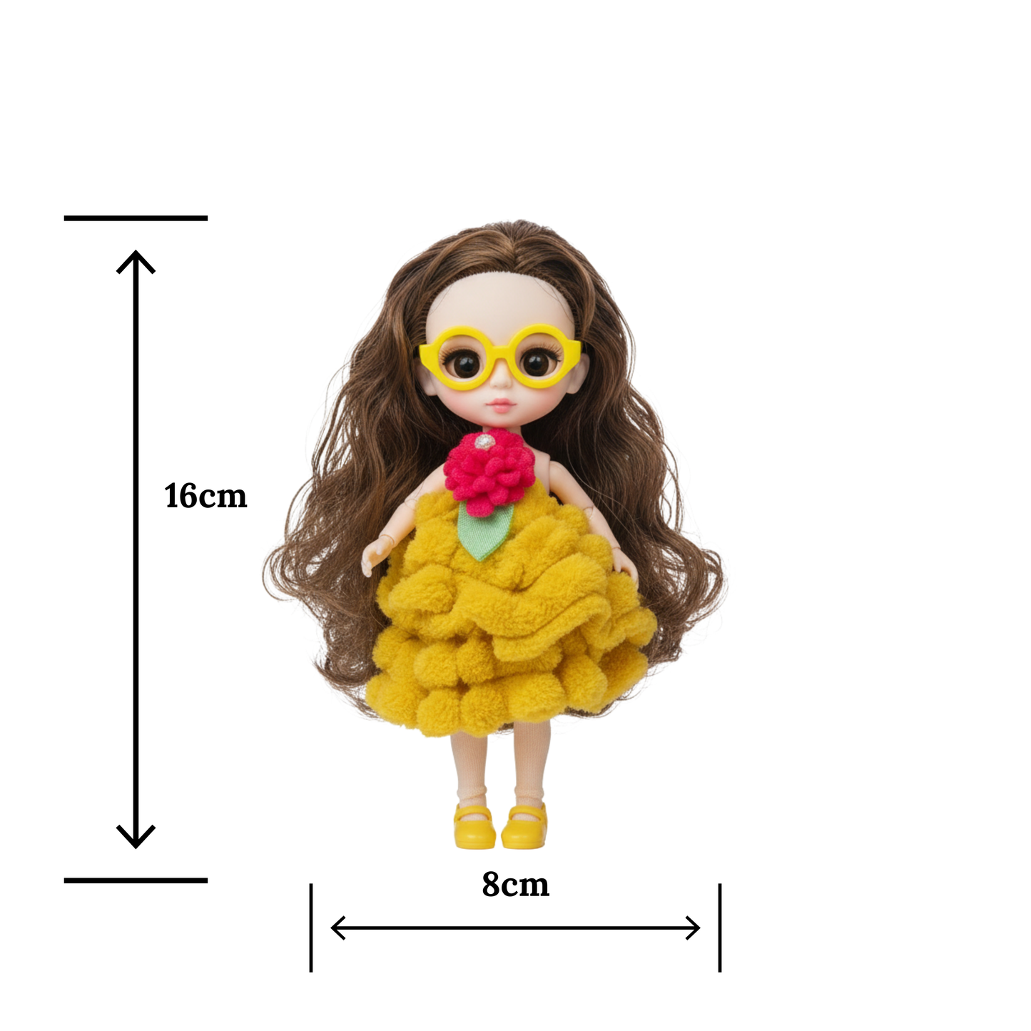 NestyFox Mini Fashion Doll – 16cm Collectible Doll with Fluffy Dress & Stylish Glasses