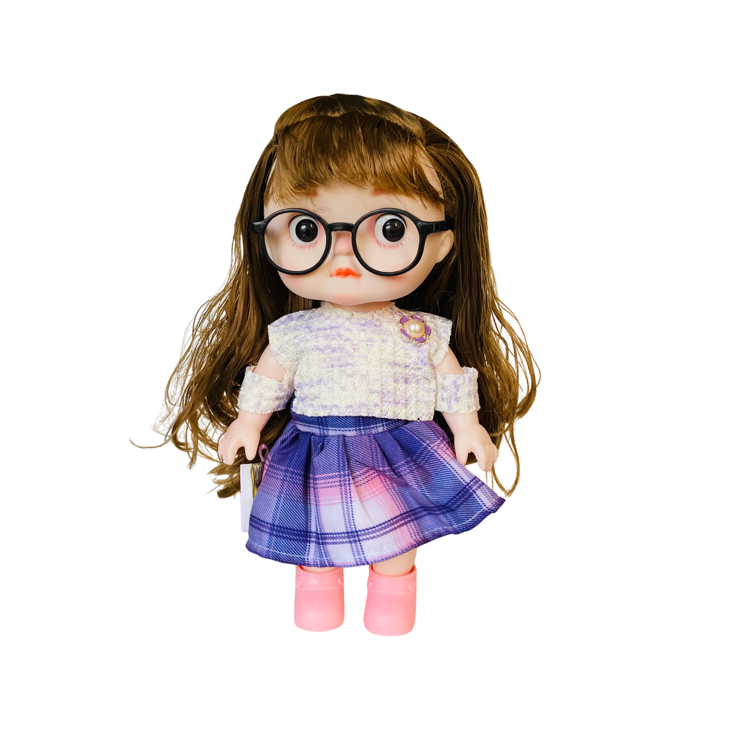 NestyFox Realistic Baby Doll with Glasses & Long Hair – 26cm Cute Toy Doll for Girls