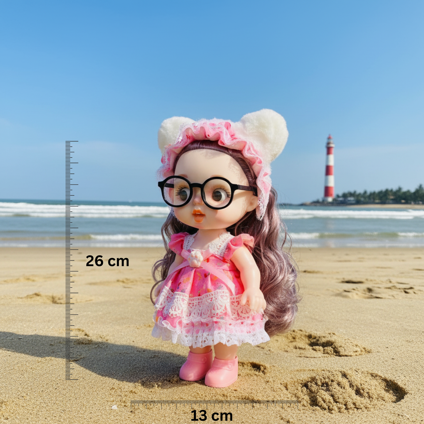 NestyFox Realistic Baby Doll with Glasses & Long Hair – 26cm Cute Toy Doll for Girls