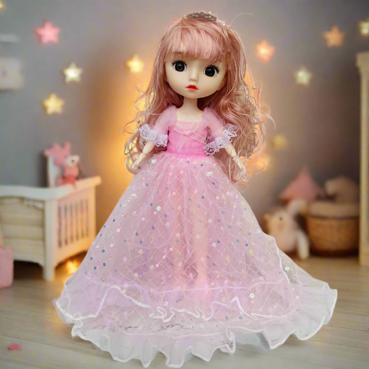 NestyFox Princess Fashion Doll for Girls – 31 cm Doll in Sparkling Pink Gown with Long Hair and Elegant Details