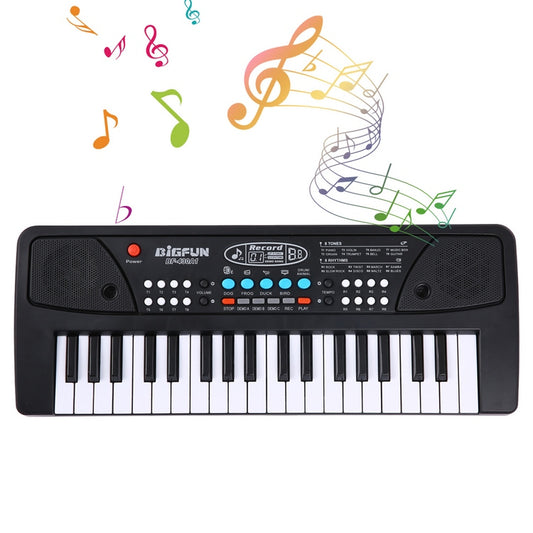 37 Keys USB Electronic Organ Kids Electric Piano in black, featuring built-in stereo speakers and a microphone, designed for children. The keyboard is sleek with perfectly sized keys, USB connectivity, and a modern design for interactive music learning