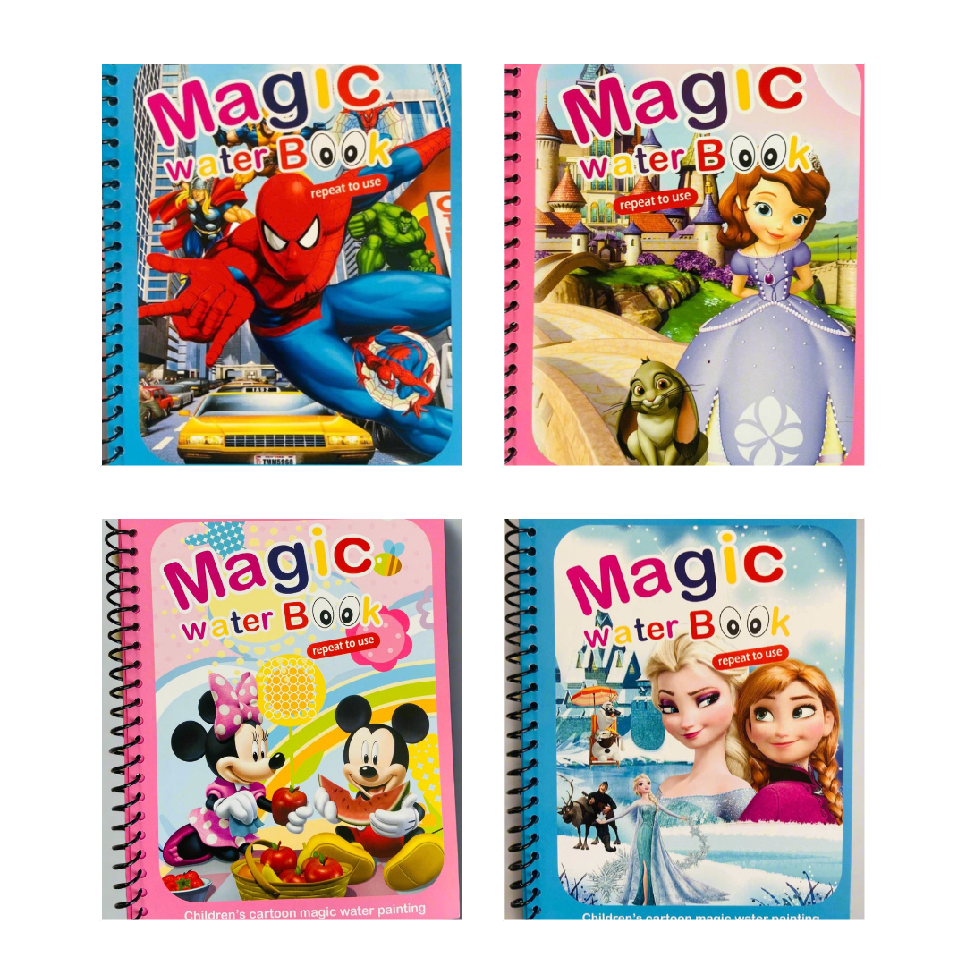 Children's Cartoon Magic Water Painting Books, Set of 4, Spiral Bound (Spider-Man, Mickey Mouse, Minnie Mouse, Princess Sofia, Elsa, and Anna)