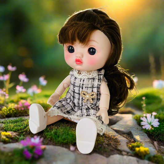 NestyFox 22cm Musical Doll with 15 Movable Joints – Realistic Eyes, Cute Outfit & Earmuffs, Gift for Girls