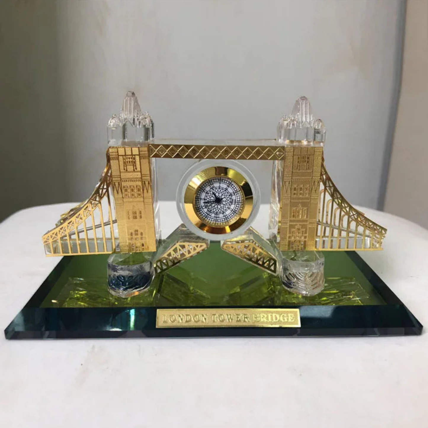 London Tower Bridge Crystal Souvenir with Clock - 15cm Glass Collectible