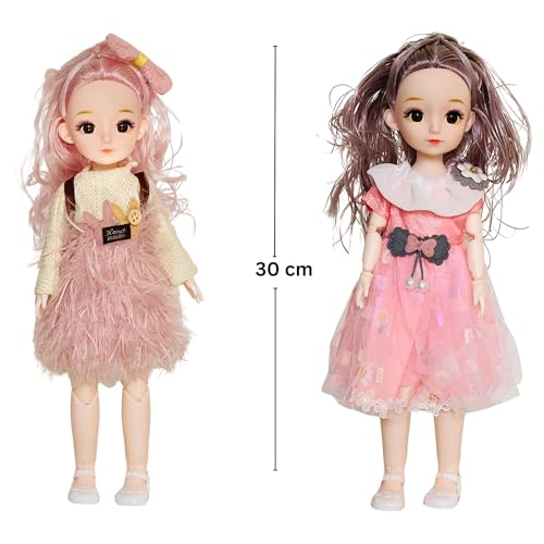 NestyFox Combo of 3 Poseable Fashion Dolls – 2 Dolls (30 cm) + 1 Doll (16 cm), 13 Movable Joints, Assorted Stylish Dresses, Girls Toy (Style 2)
