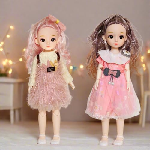 NestyFox Combo of 3 Poseable Fashion Dolls – 2 Dolls (30 cm) + 1 Doll (16 cm), 13 Movable Joints, Assorted Stylish Dresses, Girls Toy (Style 2)