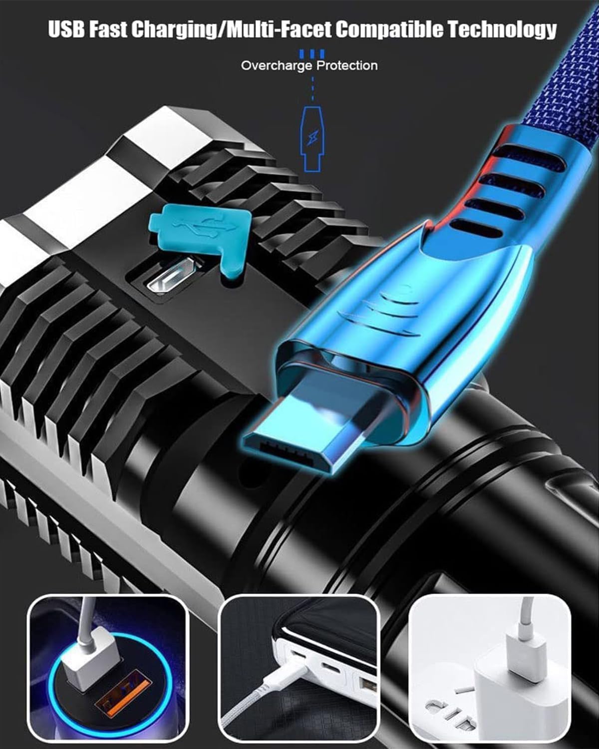 4-in-1 Rechargeable LED Torch - High Power USB Flashlight with 4 Modes