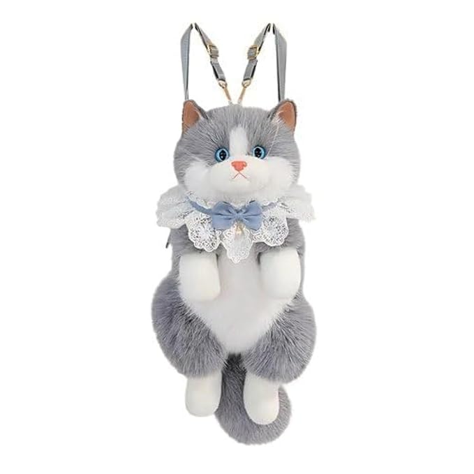Grey white fluffy cat backpack - white background product shot
