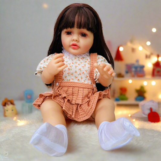 NestyFox Realistic Reborn Baby Girl Doll with Sound | 55cm Lifelike Silicone Soft Body | Laughs, Cries, Long Hair, Bottle, Diaper &amp; Magnetic Pacifier