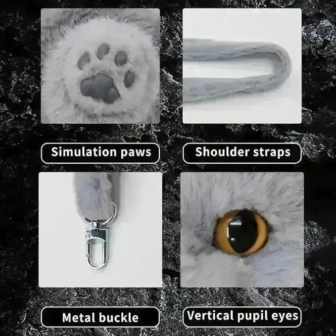 Cat bag features - simulation paws, shoulder straps, metal buckle, vertical pupil eyes