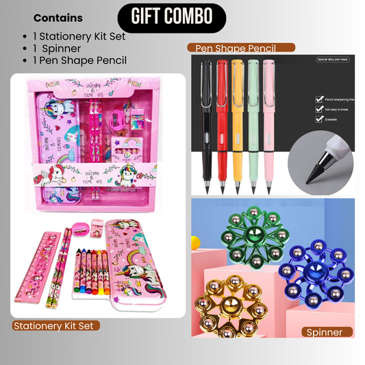 Unicorn Stationery Gift Combo Set with Spinner and Pen Shape Pencil