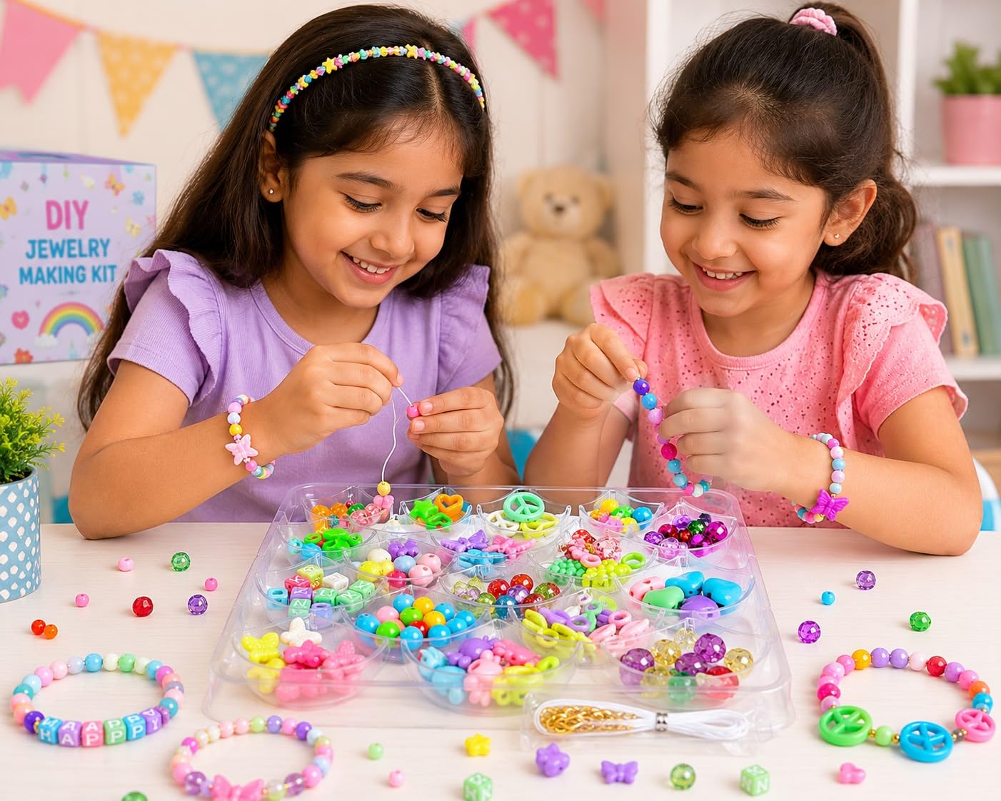 Kids playing with DIY bead jewelry making kit