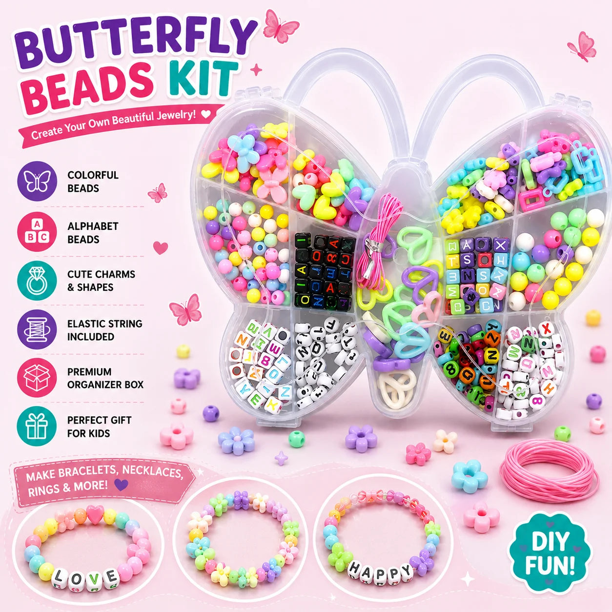 Butterfly Beads Kit - colorful pastel beads in butterfly organizer case