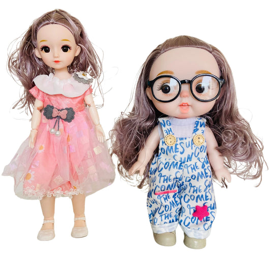 NestyFox Two Dolls Set – 26 cm Baby Doll in Yellow Dress with Glasses & 30 cm Fashion Doll in Assorted Dress – Girls' Toy (Style 1)