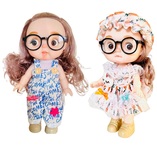 NestyFox Fashion Doll Combo with Glasses Set, 26 cm Height, Floral Print Dresses, 2-Piece Collection for Girls (Style 1)