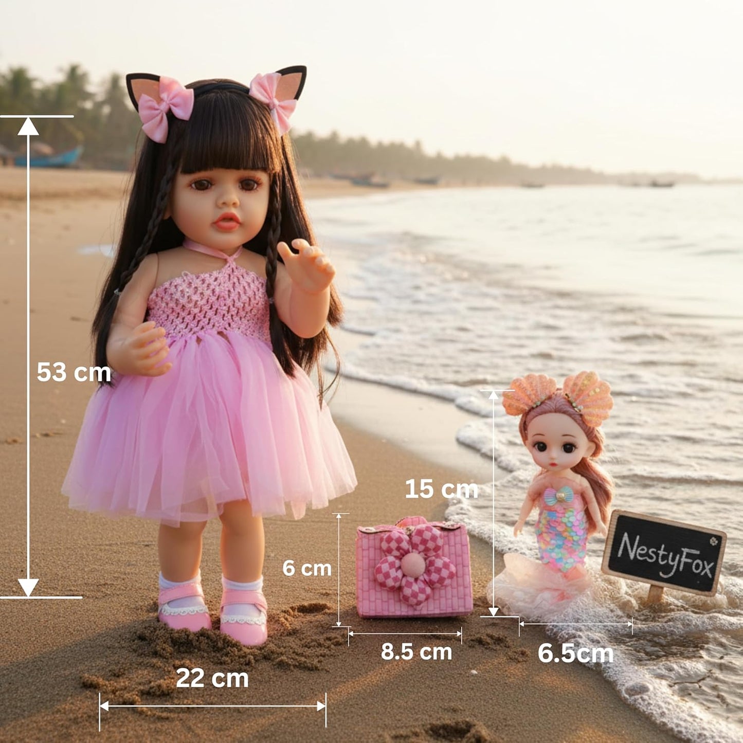 NestyFox 53 cm Silicone Doll with Mermaid Doll & Handbag