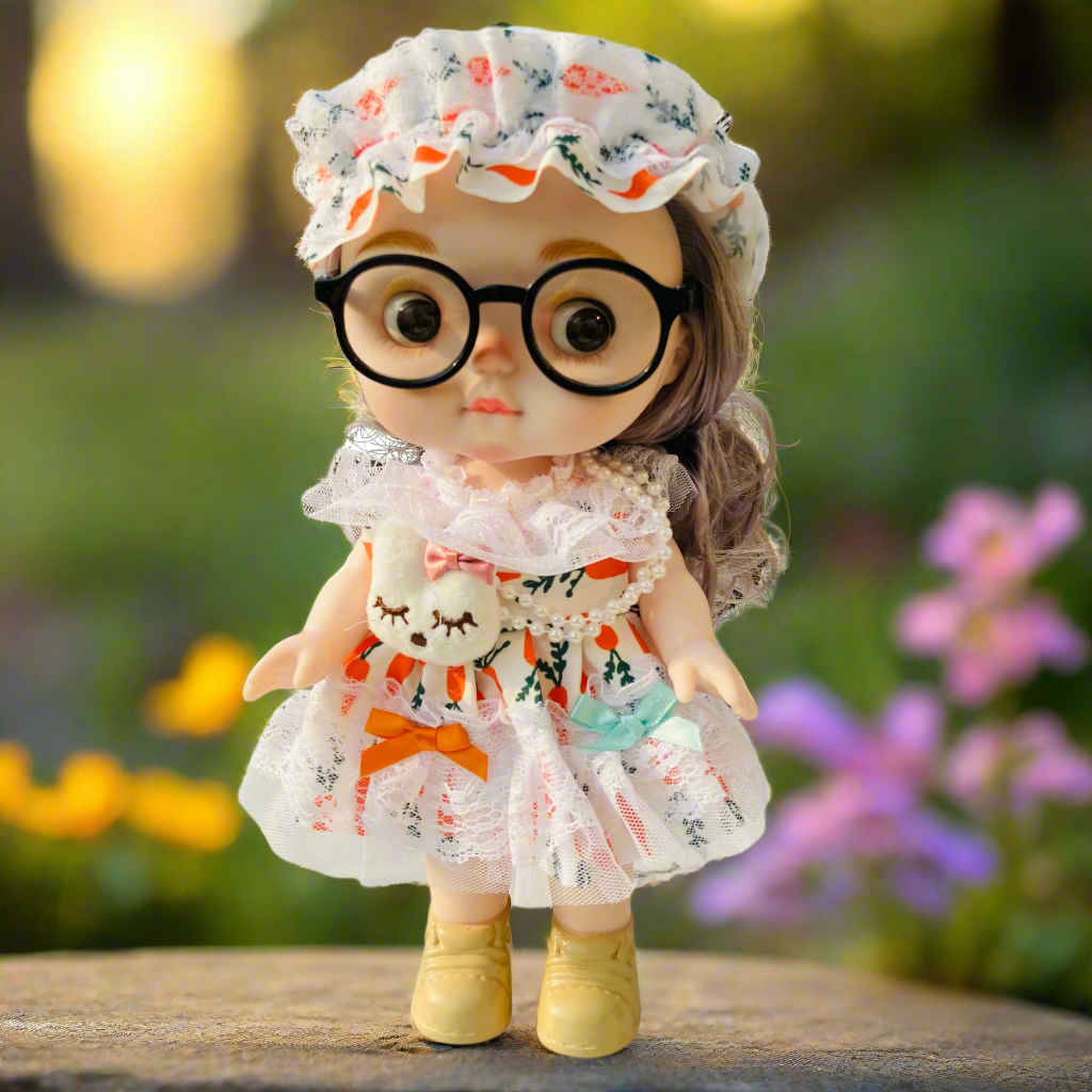 NestyFox Realistic Baby Doll with Glasses & Long Hair – 26cm Cute Toy Doll for Girls
