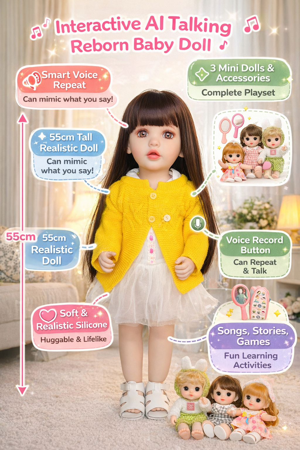 55cm AI Talking Silicone Baby Doll Set with 3 Mini Dolls