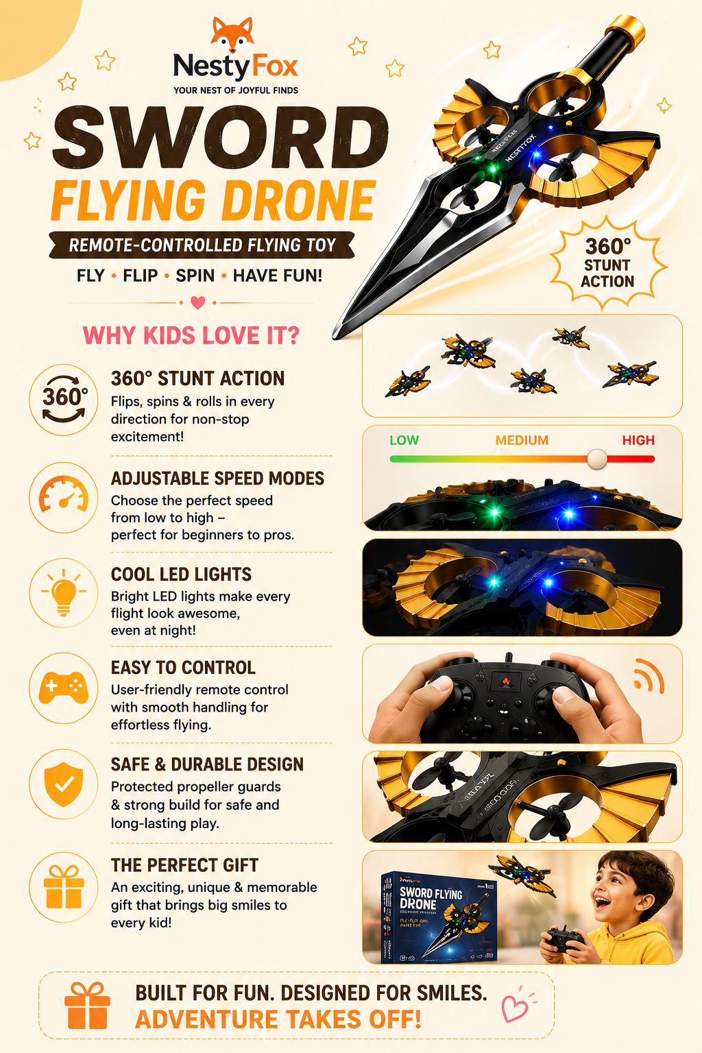 NestyFox Sword Flying Drone – product features infographic