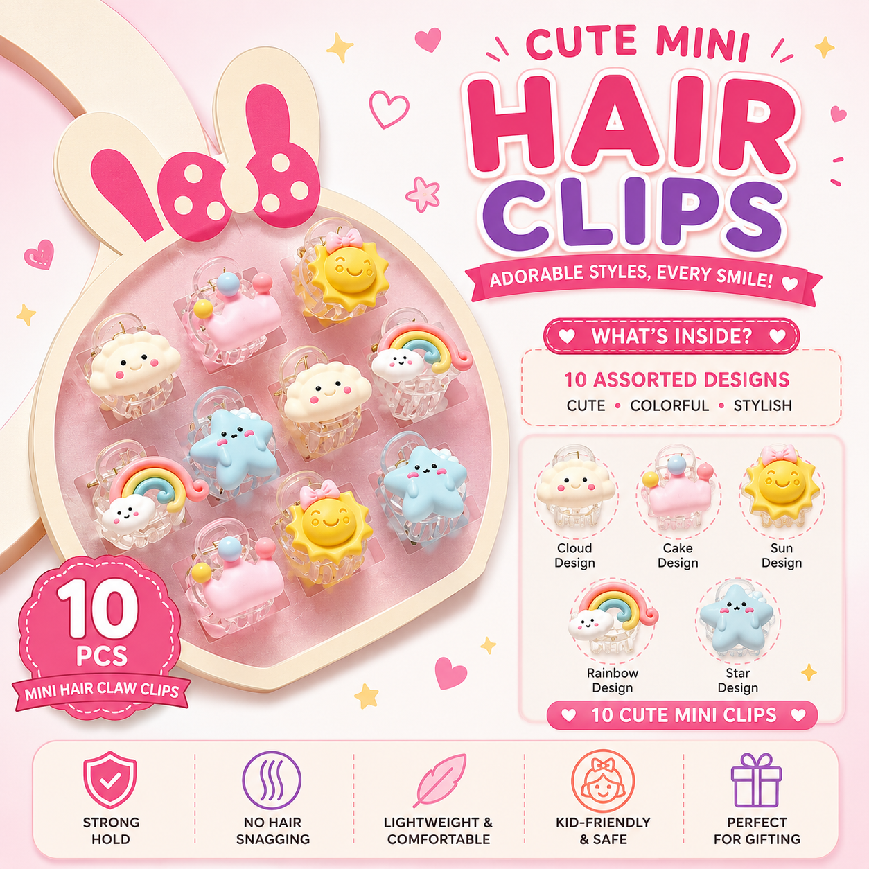 Cute Mini Hair Clips – 10 pcs on bunny display, 10 assorted designs: Cloud, Cake, Sun, Rainbow, Star